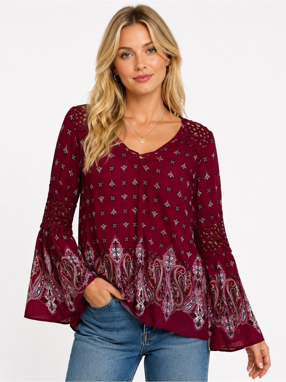 Women’s Burgundy Paisley Bell-Sleeve Top